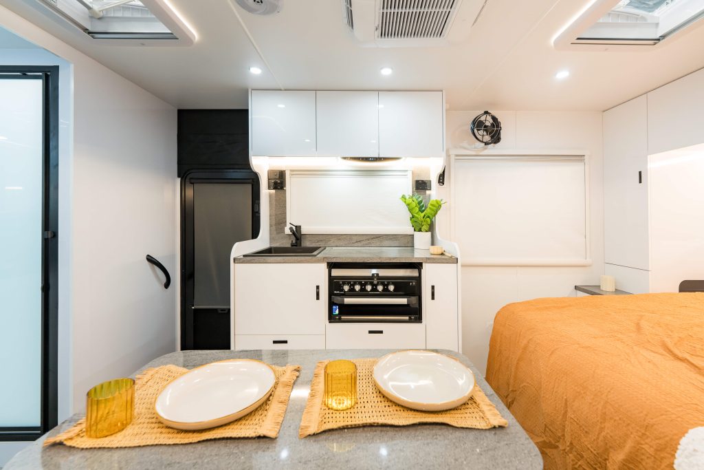 kitchen of the 17ft caravan with ensuite