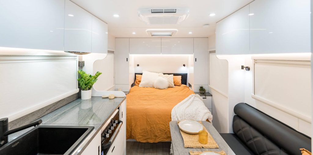 bedroom of the 17ft caravan with ensuite