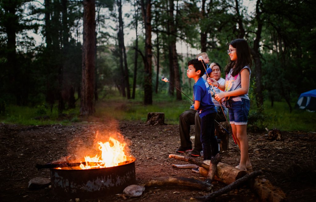 Kids roasting marshmallows around the campfire at night
