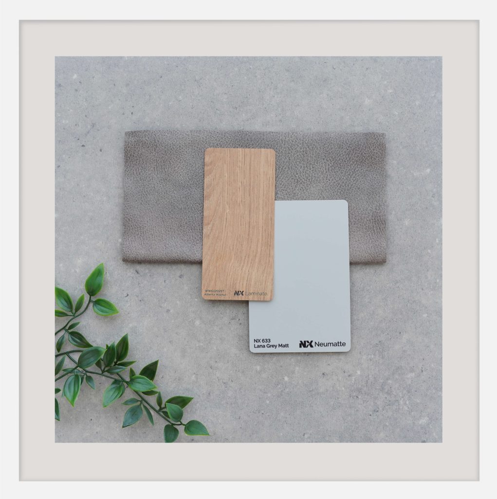 A framed image showing the colours and textures of the Grand Caravans Bluegum colour scheme