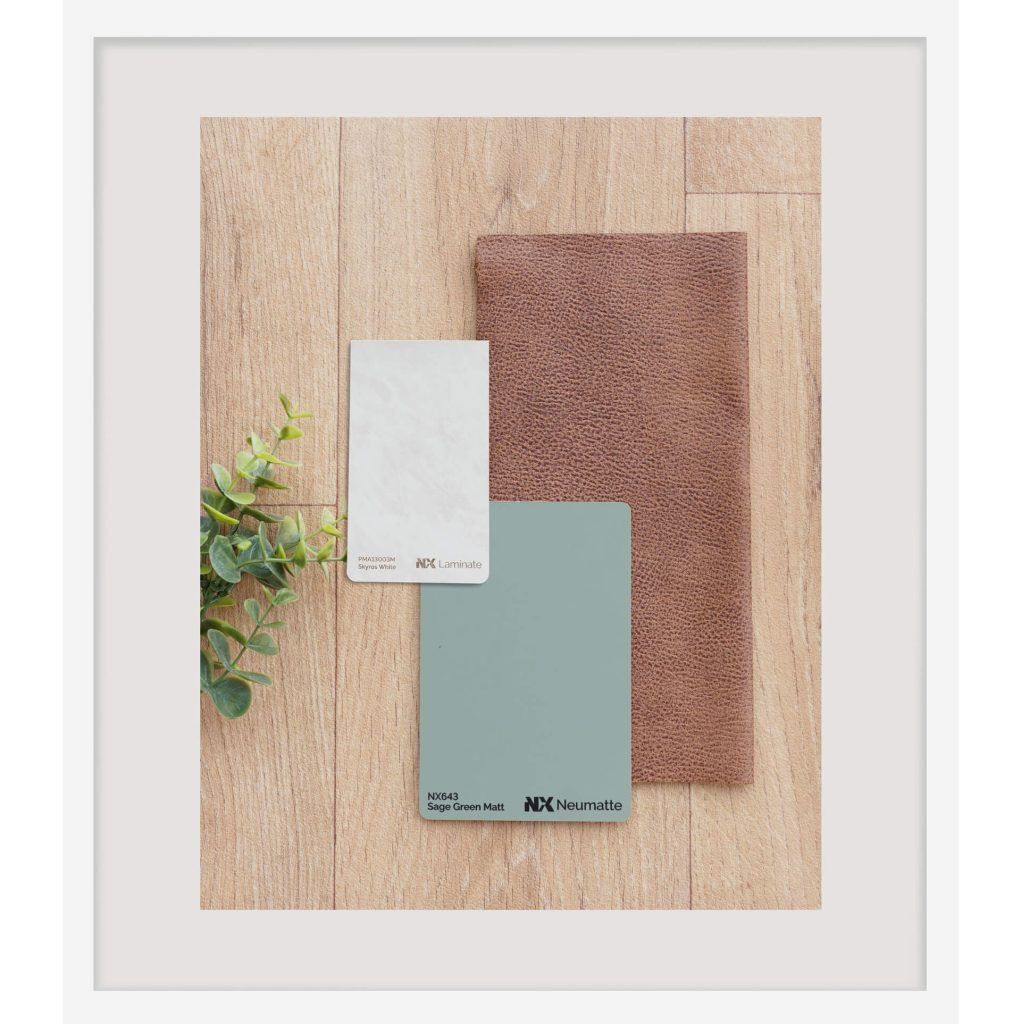 A framed image showing the colours and textures of the Grand Caravans Eucalypt colour scheme